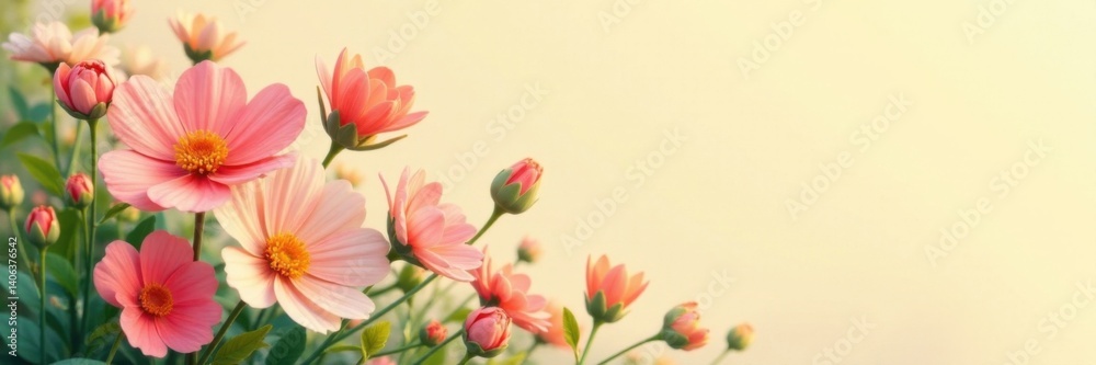 Pastel hued abstract blooms against a warm beige summer sky with lush green foliage, fresh flowers, garden scene, botanical Pastel hued abstract blooms against a warm beige summer sky with lush green foliage, fresh flowers, garden scene, botanical