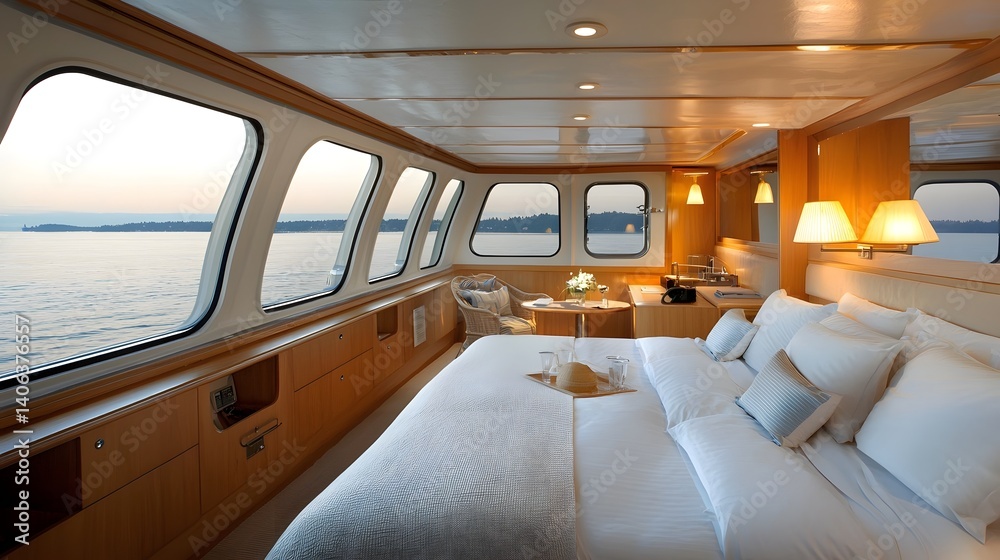 Fototapeta premium Elegant and spacious cruise ship cabin with floor to ceiling offering stunning panoramic views of the open ocean