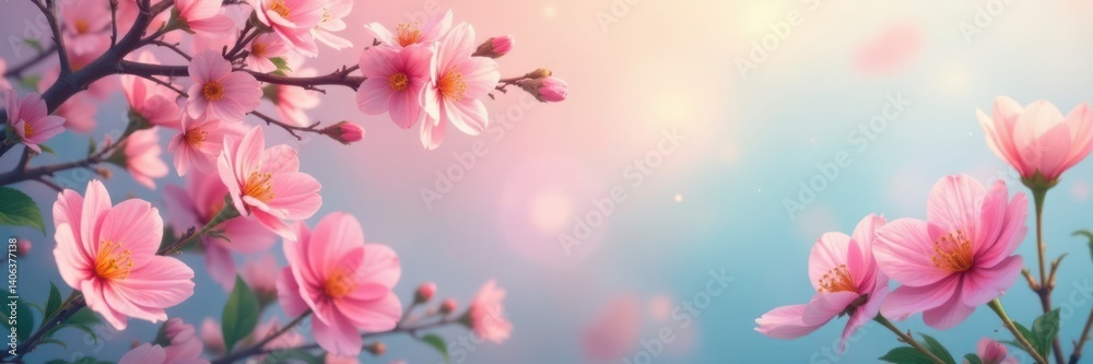 Fototapeta premium Soft pastel hues with blooming flowers and leaves, botanical, floral