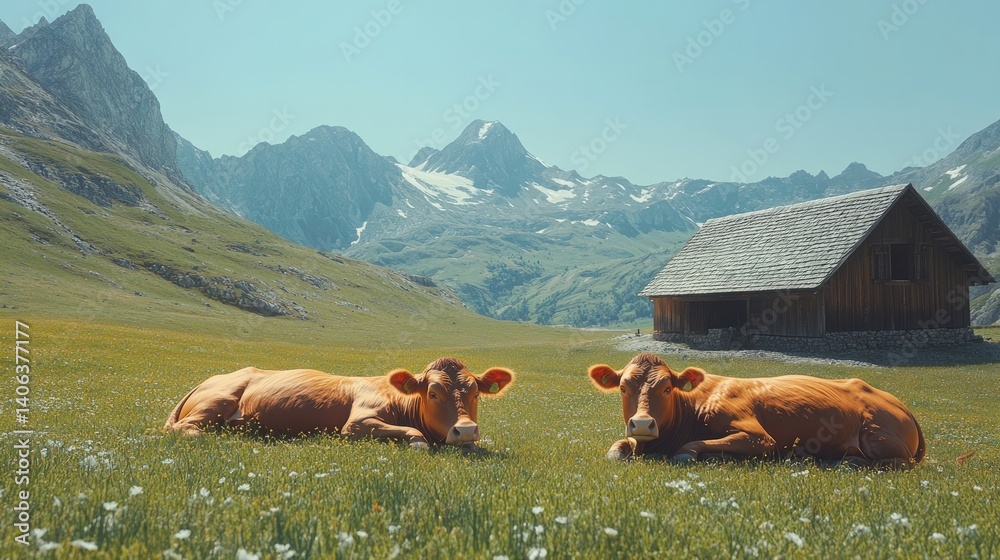Fototapeta premium Two cows resting in a meadow, mountains in background