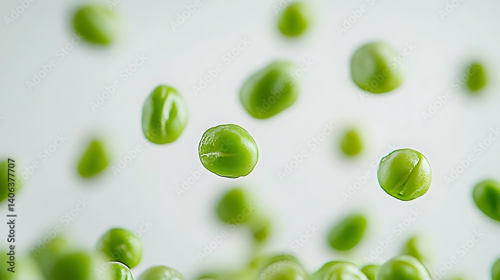 Fototapeta premium Fresh green peas floating on white background with split pea pod and glossy surface in macro photography