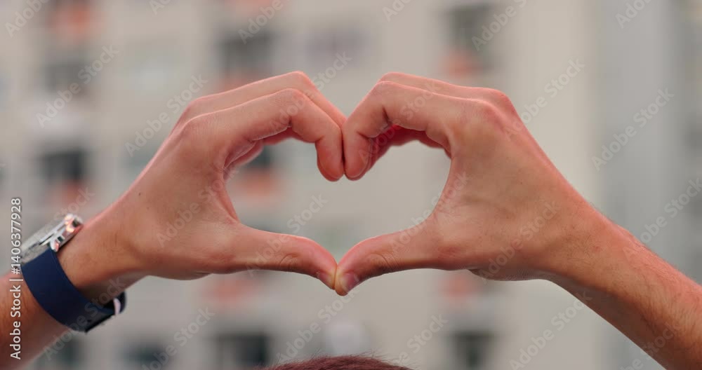 Hands, emoji and man with heart shape in city for romance, kindness and emotion icon. Peace, hope and closeup of male person with love hand gesture, sign or symbol for care and support in town.