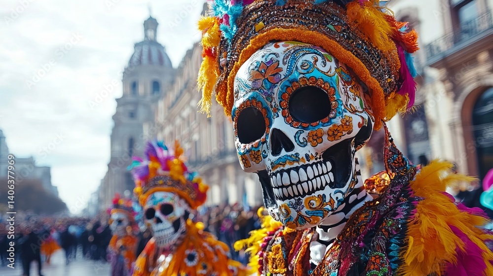 Fototapeta premium Colorful Sugar Skull Mask at Day of the Dead Celebration in Mexico