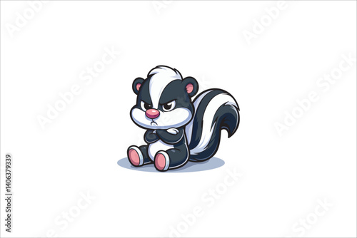 Illustration cartoon disgruntled little skunk sitting on the floor. Vector illustration.