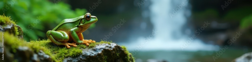 Naklejka premium Frog perched on a moss-covered rock near a waterfall, frog, nature