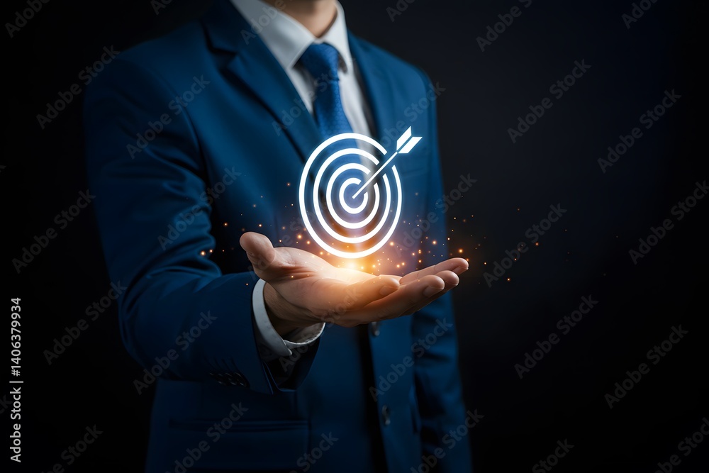 strategic planning for business growth and target customer group. Business achievement objective target concept, Businessman holding target icon for business objective. Business professional