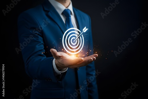 Obraz na płótnie strategic planning for business growth and target customer group. Business achievement objective target concept, Businessman holding target icon for business objective. Business professional w salonie