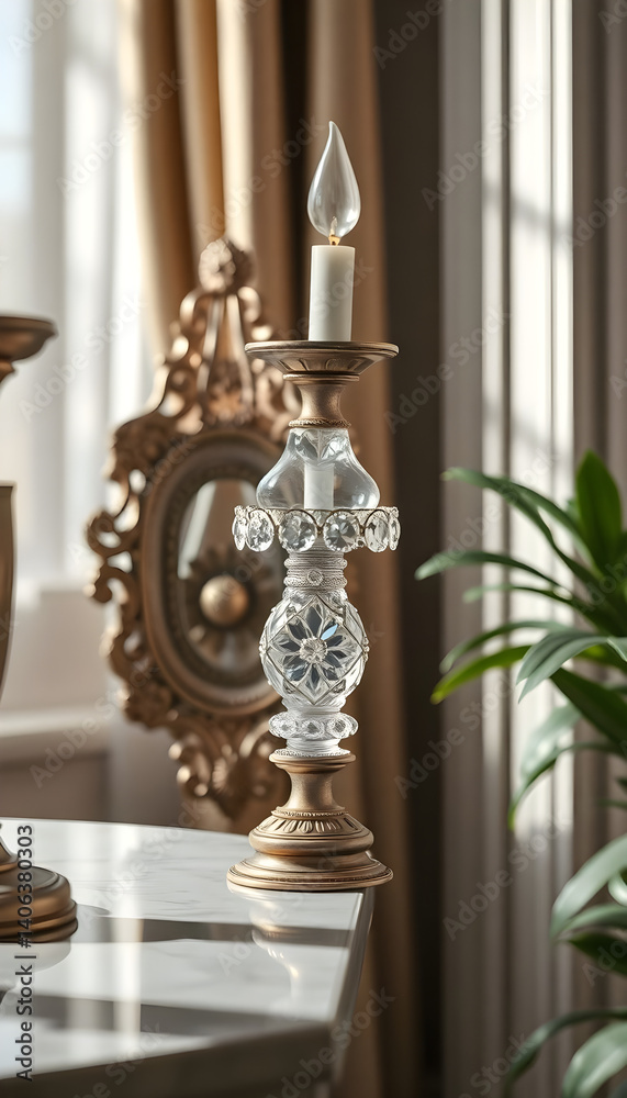 glass candle holder sitting on top of a table glass candle holder sitting on top of a table