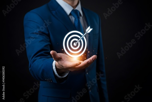 Obraz na płótnie strategic planning for business growth and target customer group. Business achievement objective target concept, Businessman holding target icon for business objective. Business professional w salonie