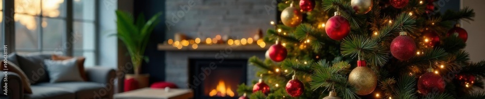 Decorated Christmas tree standing tall in a modern living room,  festive,  holiday,  room
