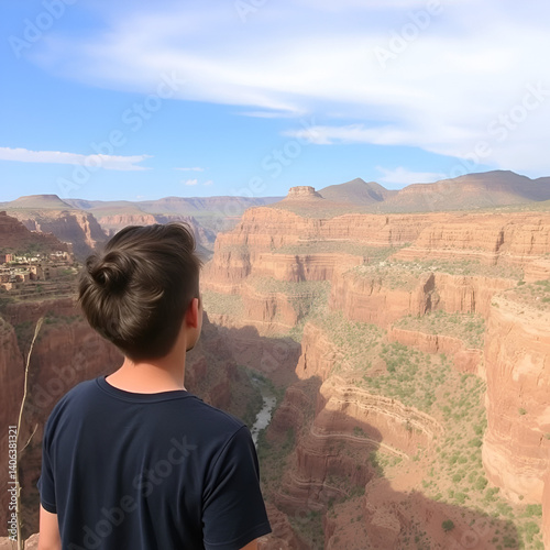 A young man looks down into Copper Canyon (Barrancas del Cobre) and the village of Urique, Chihuahua, Mexico.