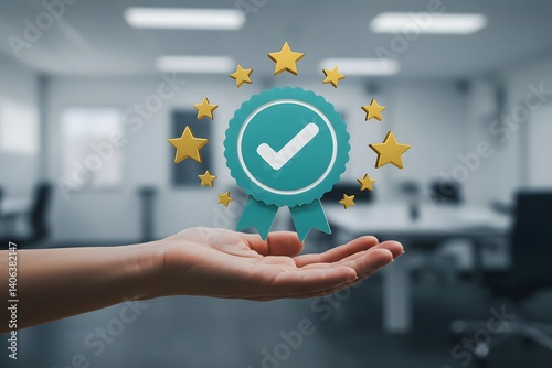 Obraz na płótnie floating above open palm, blurred office background, Concept of ISO certification and quality assurance standards control. Quality guarantee, Businessman showing Quality assurance w salonie