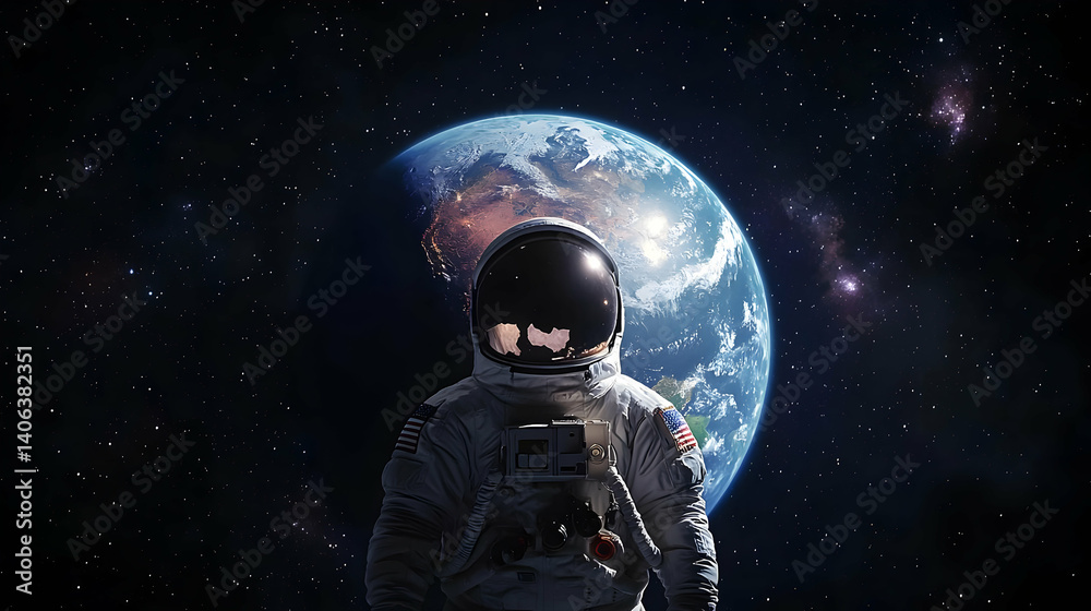 Naklejka premium Pixelated Astronaut Standing Before Earth Surrounded By Starry Universe In Deep Space
