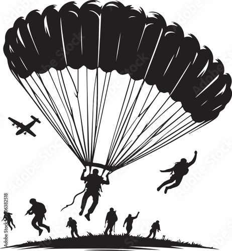 Black silhouette. Parachutist in flight. Set of skydivers. Flat vector illustration isolated on a white background