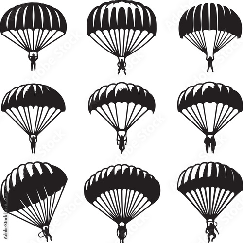 Black silhouette. Parachutist in flight. Set of skydivers. Flat vector illustration isolated on a white background
