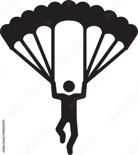 Black silhouette. Parachutist in flight. Set of skydivers. Flat vector illustration isolated on a white background