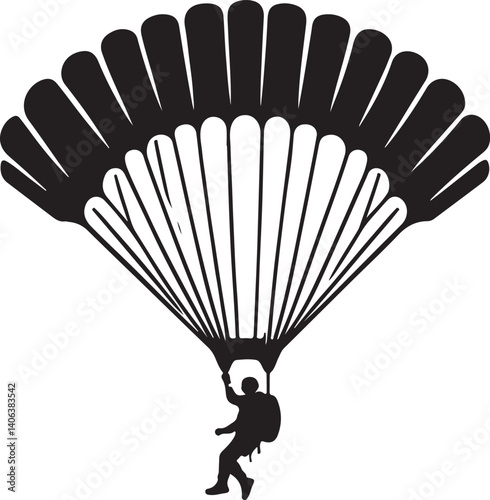 Black silhouette. Parachutist in flight. Set of skydivers. Flat vector illustration isolated on a white background