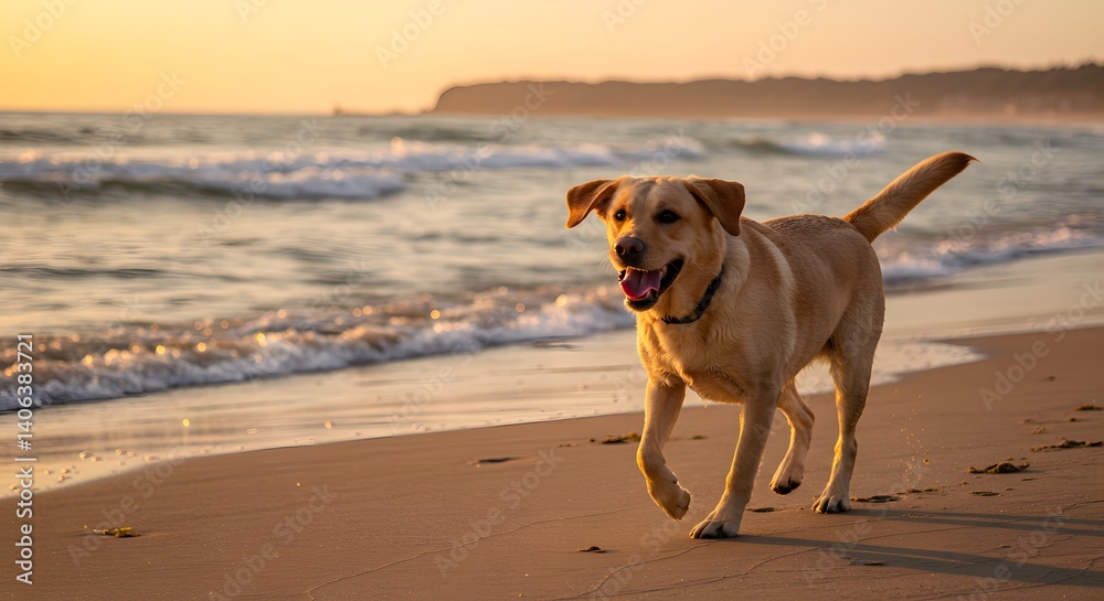 Happy Dog Running on Beach at Sunset with Ocean Waves Happy Dog Running on Beach at Sunset with Ocean Waves