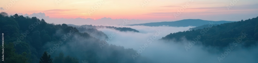 Fototapeta premium Misty fog rolling over a peaceful forest , forest, fog