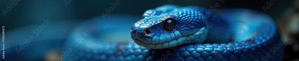 Fototapeta premium Blue viper snake facial features in detail, sharp scales and beady eyes , reptile, reptile, snake