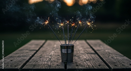 Sparklers Burning on a Wooden Table at Dusk with Smoke