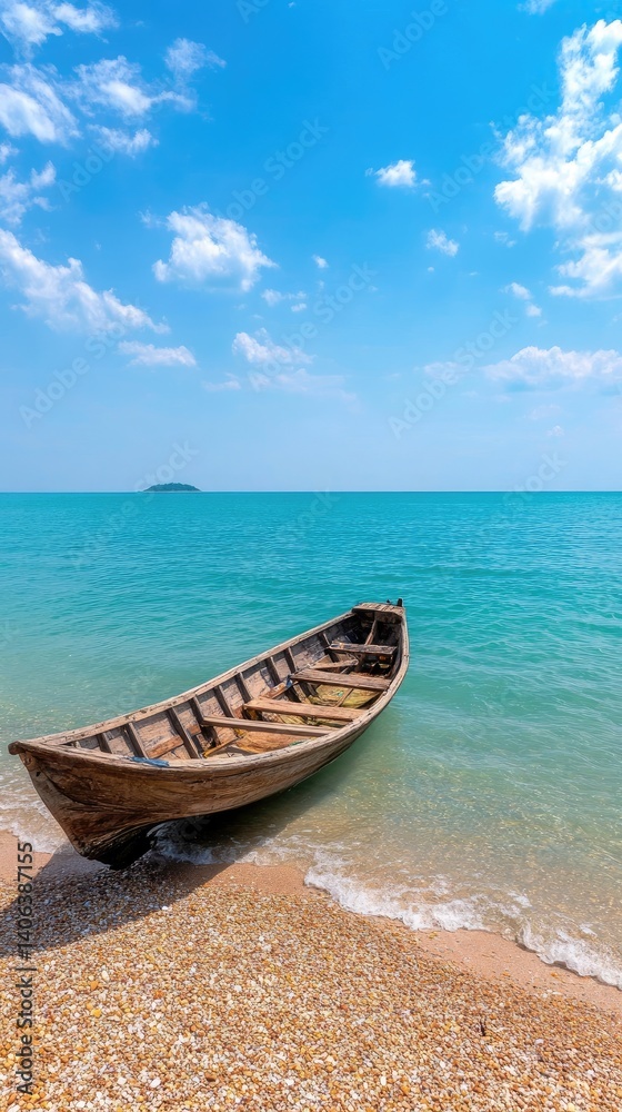 Wooden boat on tropical beach sunny day ocean travel Wooden boat on tropical beach sunny day ocean travel