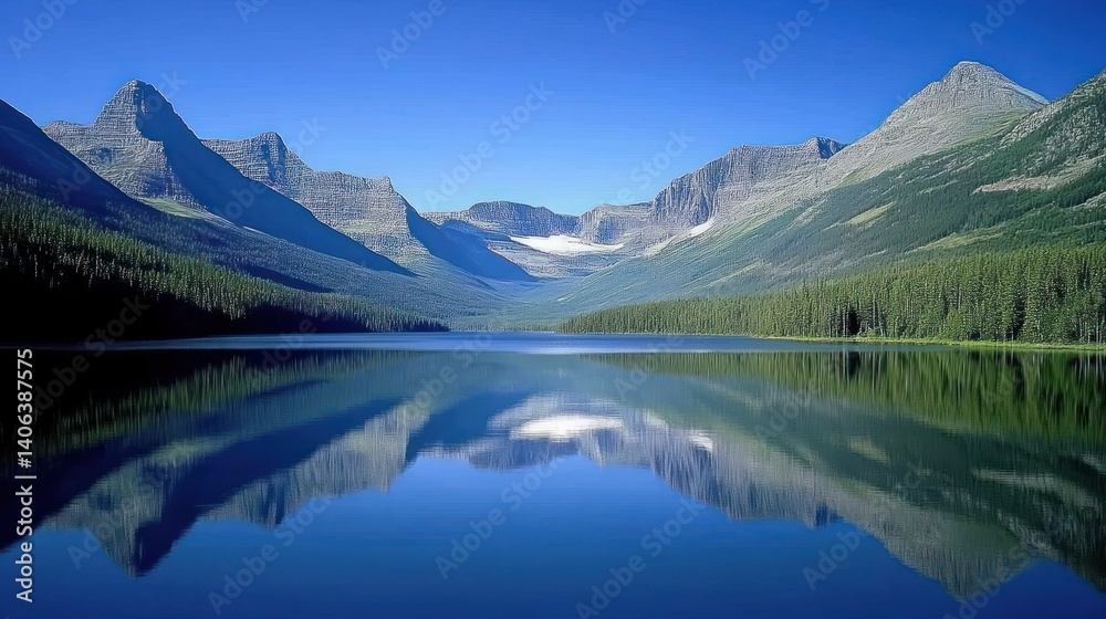 Serene mountain lake reflecting a clear sky Serene mountain lake reflecting a clear sky
