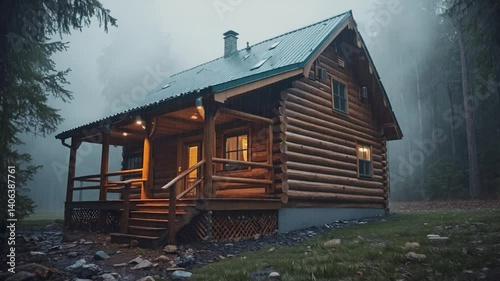 Log Cabin in a Lush Forest with Rain. Lush Trees in a Rainy Forest