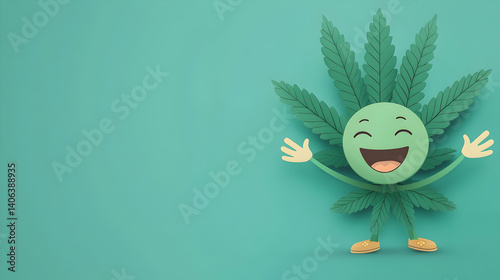Delightful cannabis mascot embracing joy against a serene aquamarine backdrop