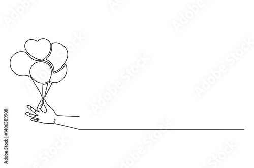 Continuous one line drawing of Hand holding ballon. Single line drawing illustration of Air balloons. Birthday decoration concept vector art. Doodle line illustration.