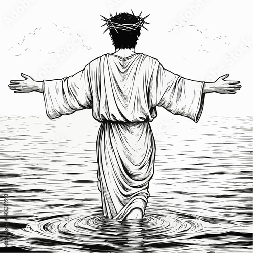A man with a crown of thorns, standing in water with his arms open, facing away from the viewer. The water around him ripples, and there are birds flying in the air.