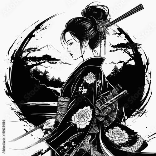 An artistic monochrome image of a Japanese woman in a kimono, embodying elegance and grace. The woman is adorned with traditional hair accessories and a katana