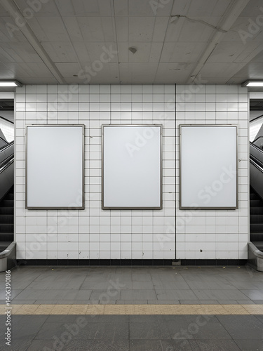 Three Blank Advertisement Posters Mounted on a White Tile Wall with Escalators on Either Side in a Subway Station