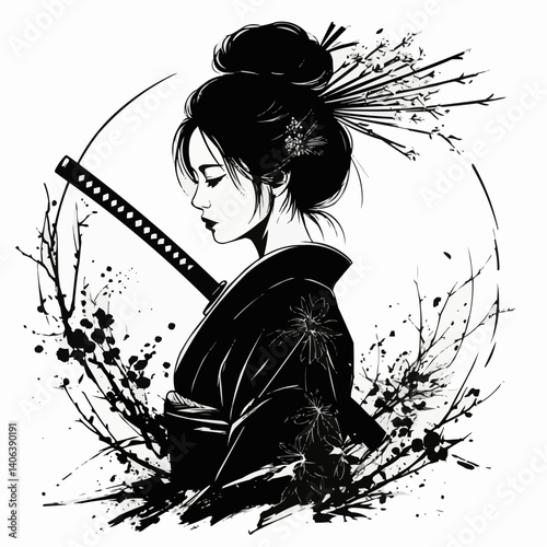 An elegant black and white illustration of a geisha with a sword in her traditional attire, and delicate floral arrangement around her.