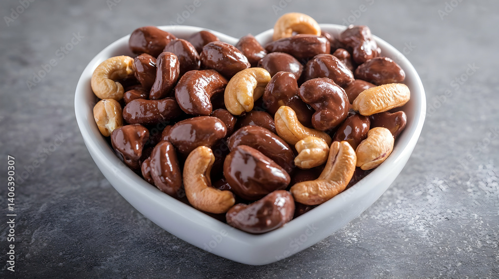 Chocolate covered cashews in a heart-shaped bowl, close-up gourmet dessert Chocolate covered cashews in a heart-shaped bowl, close-up gourmet dessert