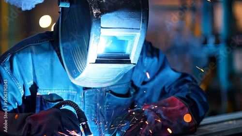 A skilled worker expertly performs welding in an industrial workshop, surrounded by vibrant sparks and bright machinery, showcasing dedication to craftsmanship.