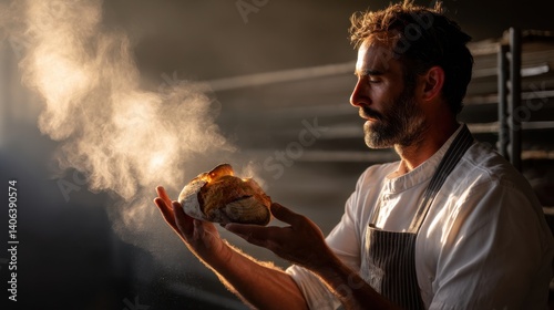 Baker Holding Fresh Bread Loaf with Rising Steam