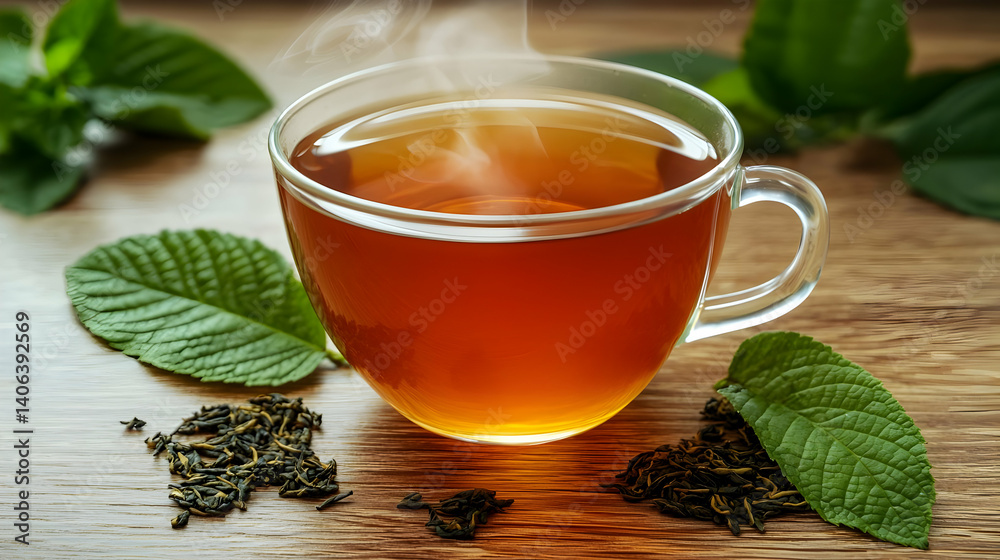 Aromatic herbal infusion, delicate steam emanating from a clear glass teacup