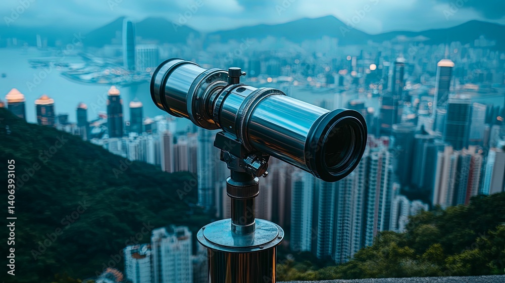 A metallic binocular overlooks the cityscape of Hong Kong. A metallic binocular overlooks the cityscape of Hong Kong.