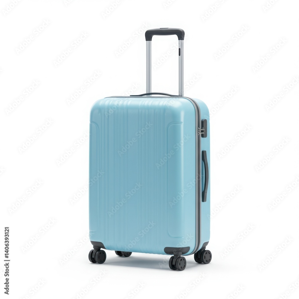 Light blue suitcase with handle extended isolated on white background Light blue suitcase with handle extended isolated on white background