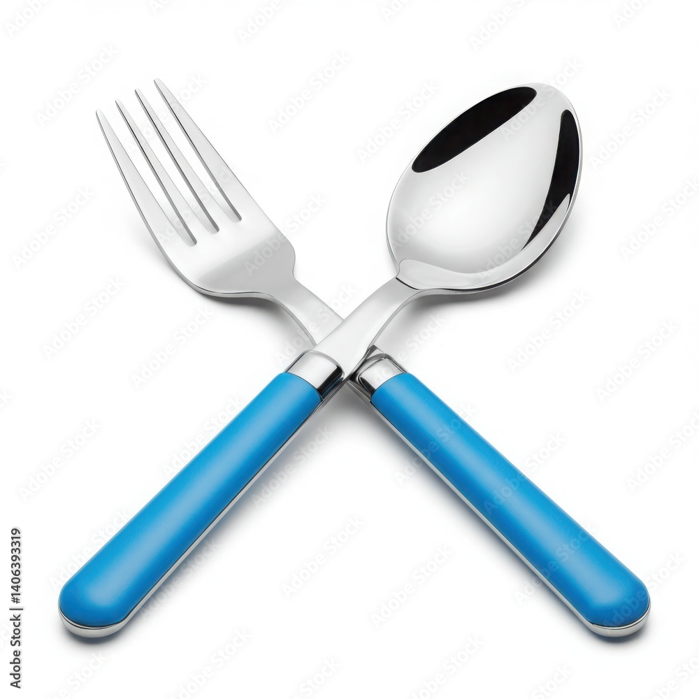 Fototapeta premium Fork and spoon with blue handles crossed isolated on white background
