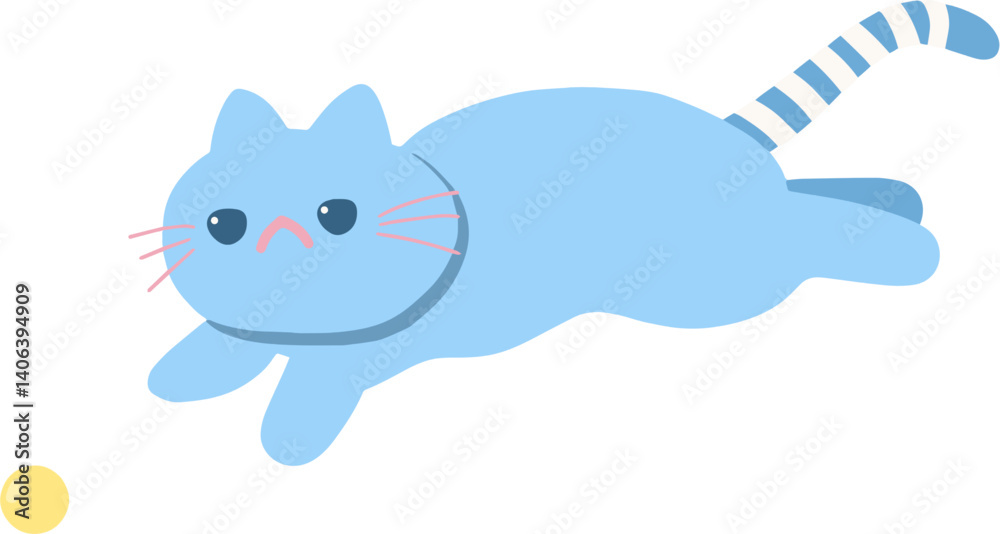 cute and drawn color illustration of a blue cartoon cat chasing yellow ball cute and drawn color illustration of a blue cartoon cat chasing yellow ball