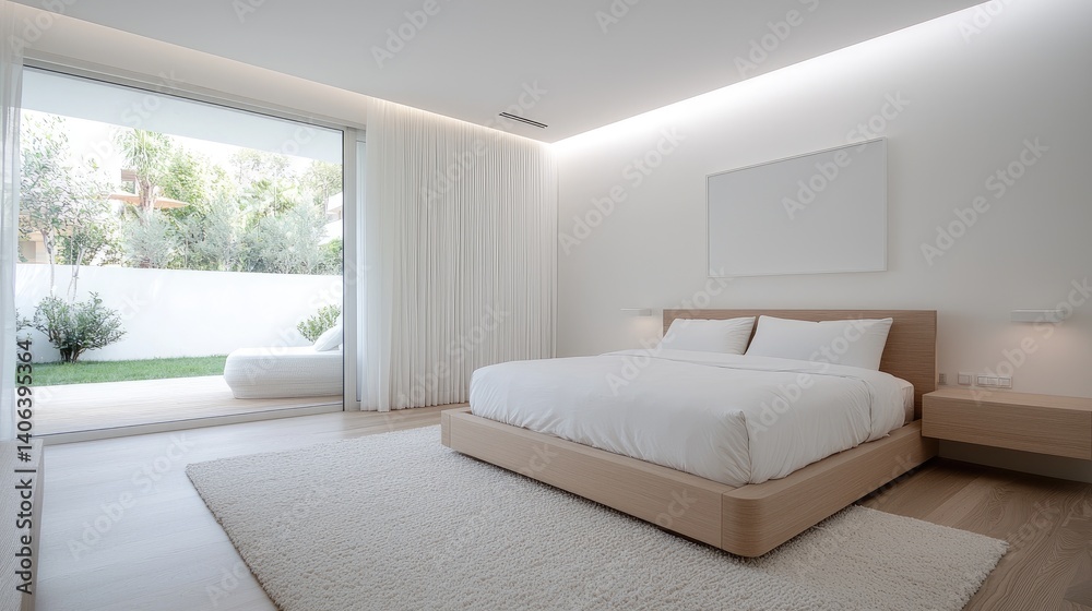 Obraz premium Serene minimalist bedroom interior design white and off white calm aesthetic
