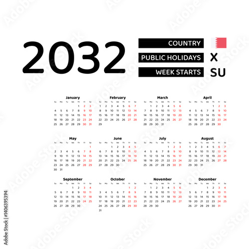 Calendar 2032 English language with Bahrain public holidays. Week starts from Sunday. Graphic design vector illustration.
