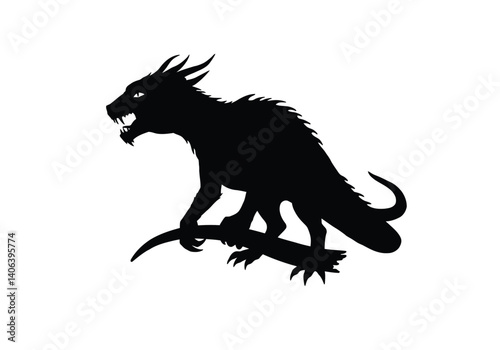 Smaug silhouette. This image shows a dragon-like creature with sharp teeth, claws, and a spiked tail. Vector illustration black clipart design.