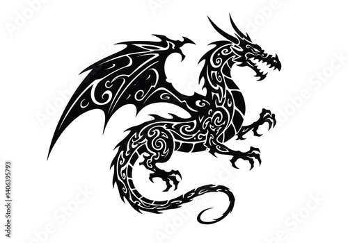 Tribal dragon silhouette. This image portrays a black silhouette of a dragon with intricate tribal patterns, sharp edges, and flowing curves. Vector illustration black clipart design.