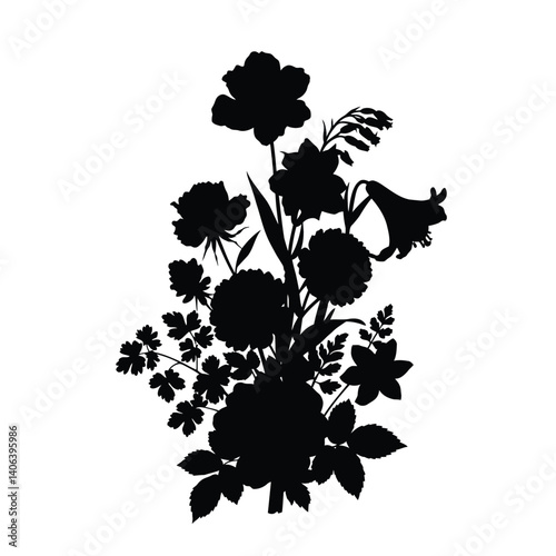 Floral silhouette. This image shows a black silhouette of various flowers, leaves, and stems arranged artistically. Vector illustration black clipart design.