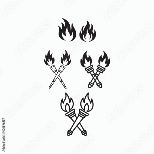 Medieval Torches with Crossed Flames – Black and White Minimalist Line Drawing.