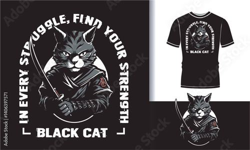 Black Cat Samurai T-Shirt Design