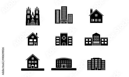 A silhouette Building icon set on white background 